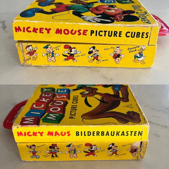 Disney Mickey Mouse Picture Cubes 12 Wood Blocks Puzzle Box Set 60s West Germany - Picture 5 of 13